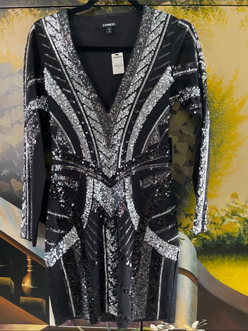 Express Black & Silver Sequin V-Neck Long Sleeve Dress